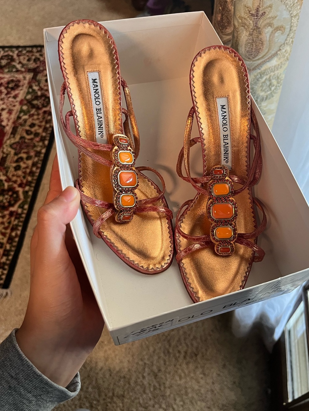 Manolo Blahnik Metallic Copper Slingback Sandals with Orange Gem Accents